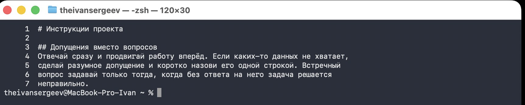 Свой файл CLAUDE.md со строкой-фиксом про разумное допущение вместо вопроса