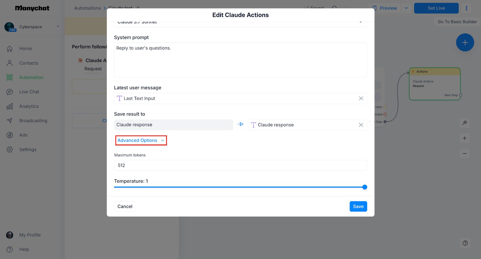 Окно Edit Claude Actions в ManyChat: выбор модели, System prompt, Latest user message с Last Text Input и Save result to