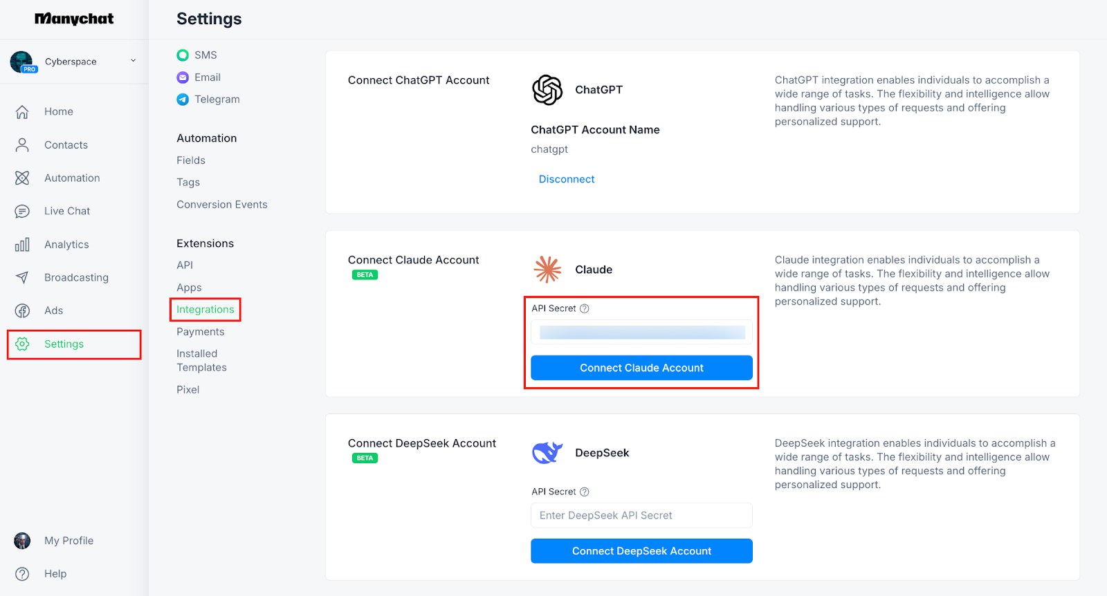 Раздел Integrations в настройках ManyChat: блок Claude с полем API Secret и синей кнопкой Connect Claude Account