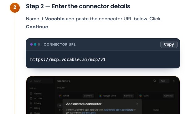Тёмная строка Connector URL с адресом mcp.vocable.ai/mcp/v1 и кнопкой Copy в шаге 2 документации Vocable