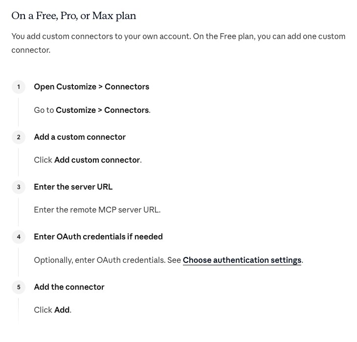 Документация Claude: свой коннектор на планах Free, Pro и Max, пять шагов от Customize, Connectors до кнопки Add