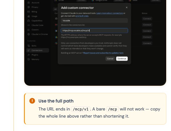 Документация Vocable: окно Add custom connector с кнопкой Continue и предупреждение Use the full path про адрес на /mcp/v1