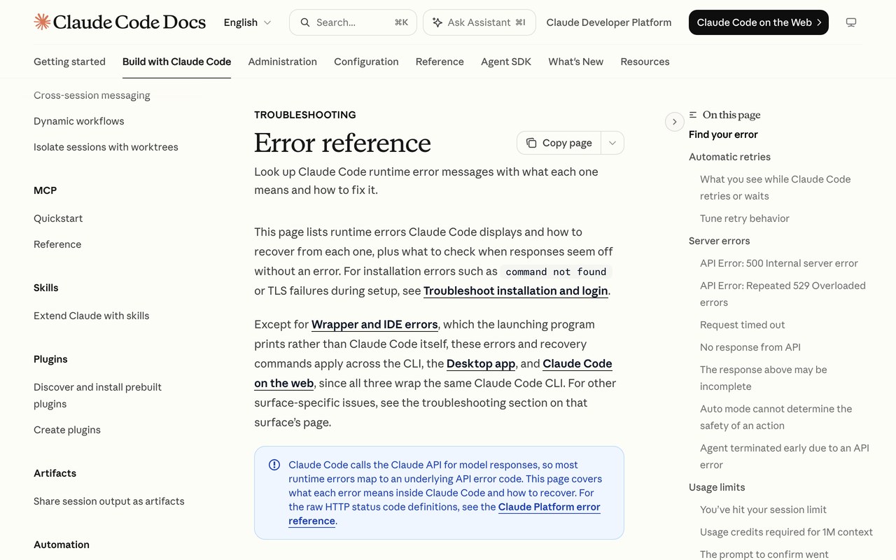 Официальная страница Claude Code Docs «Error reference» с оглавлением ошибок аутентификации