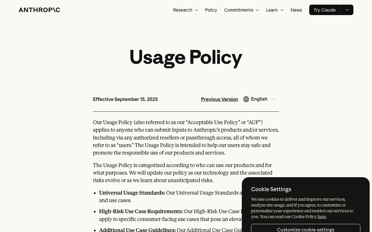 Официальная страница Usage Policy Anthropic, действует с 15 сентября 2025 года