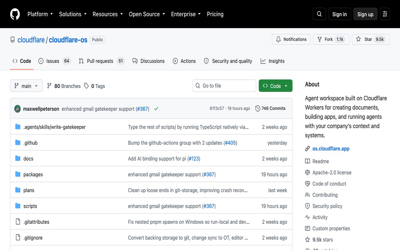 Страница хранилища кода GitHub cloudflare/cloudflare-os: «Agent workspace built on Cloudflare Workers», лицензия Apache-2.0