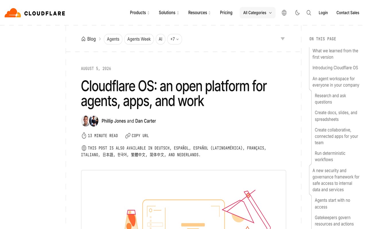 Официальный пост блога Cloudflare: заголовок «Cloudflare OS: an open platform for agents, apps, and work», 5 августа 2026