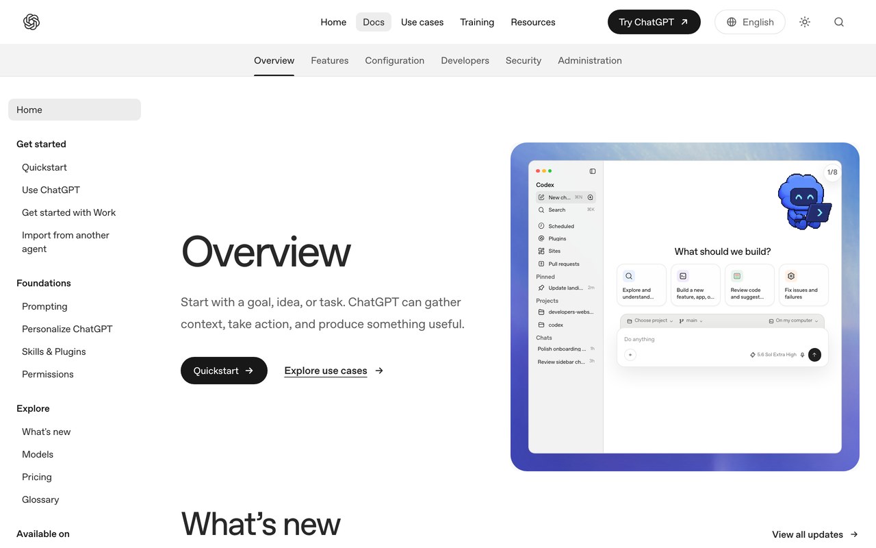Официальная страница документации Codex от OpenAI с интерфейсом приложения и разделом «What's new»