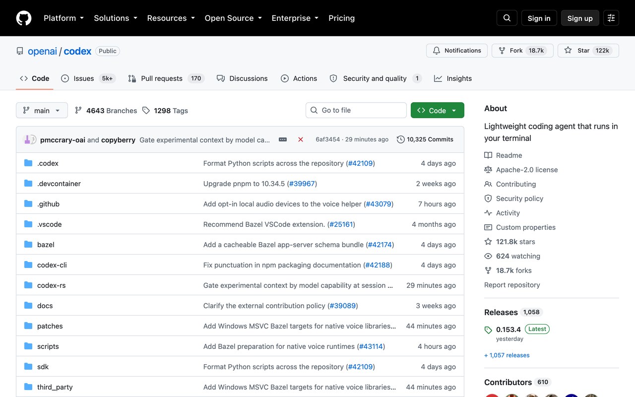 Страница репозитория openai/codex на GitHub, Star 122k, 1298 Tags и лента последних коммитов