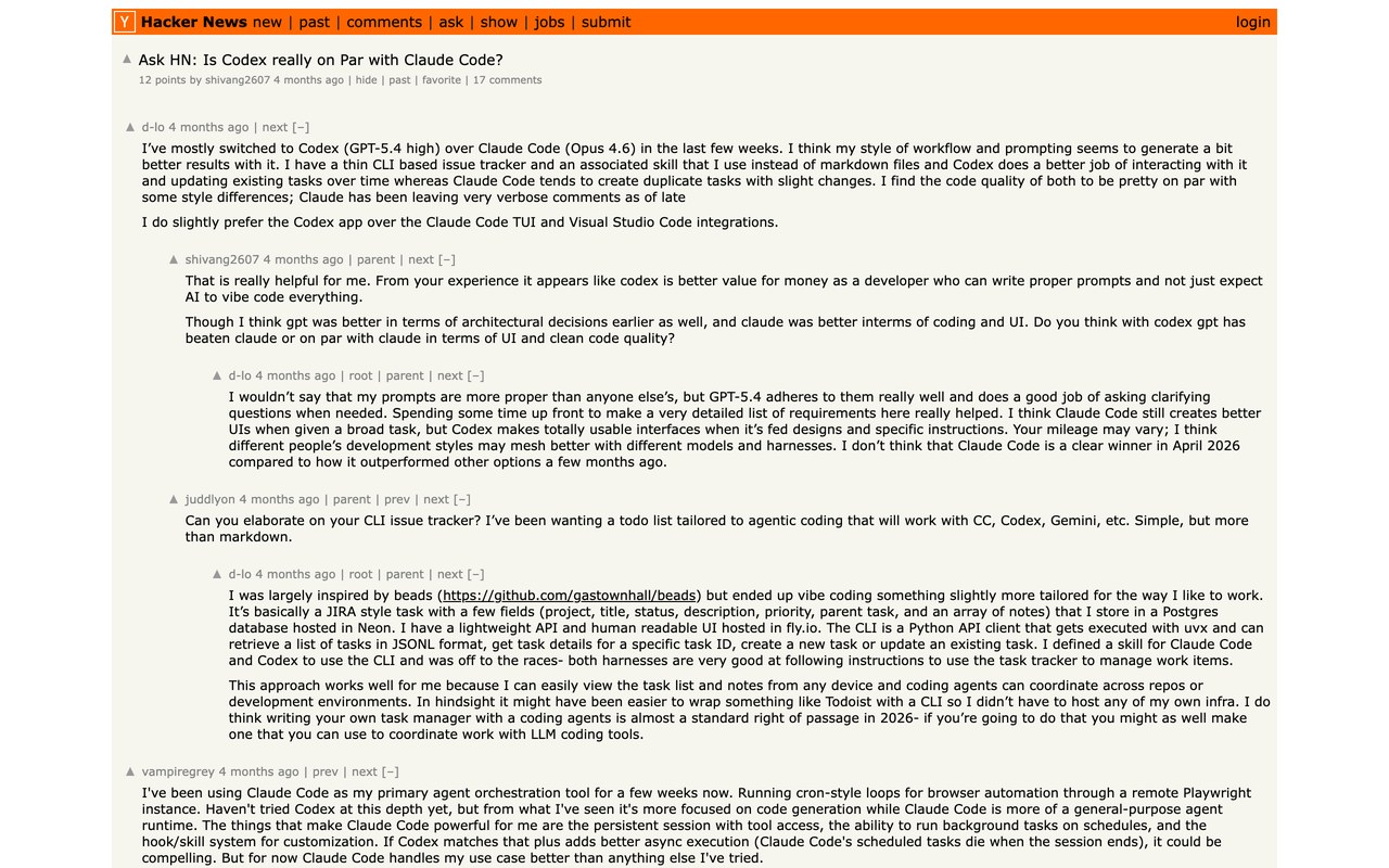 Тред Hacker News «Is Codex really on Par with Claude Code?» с комментариями пользователей d-lo и shivang2607