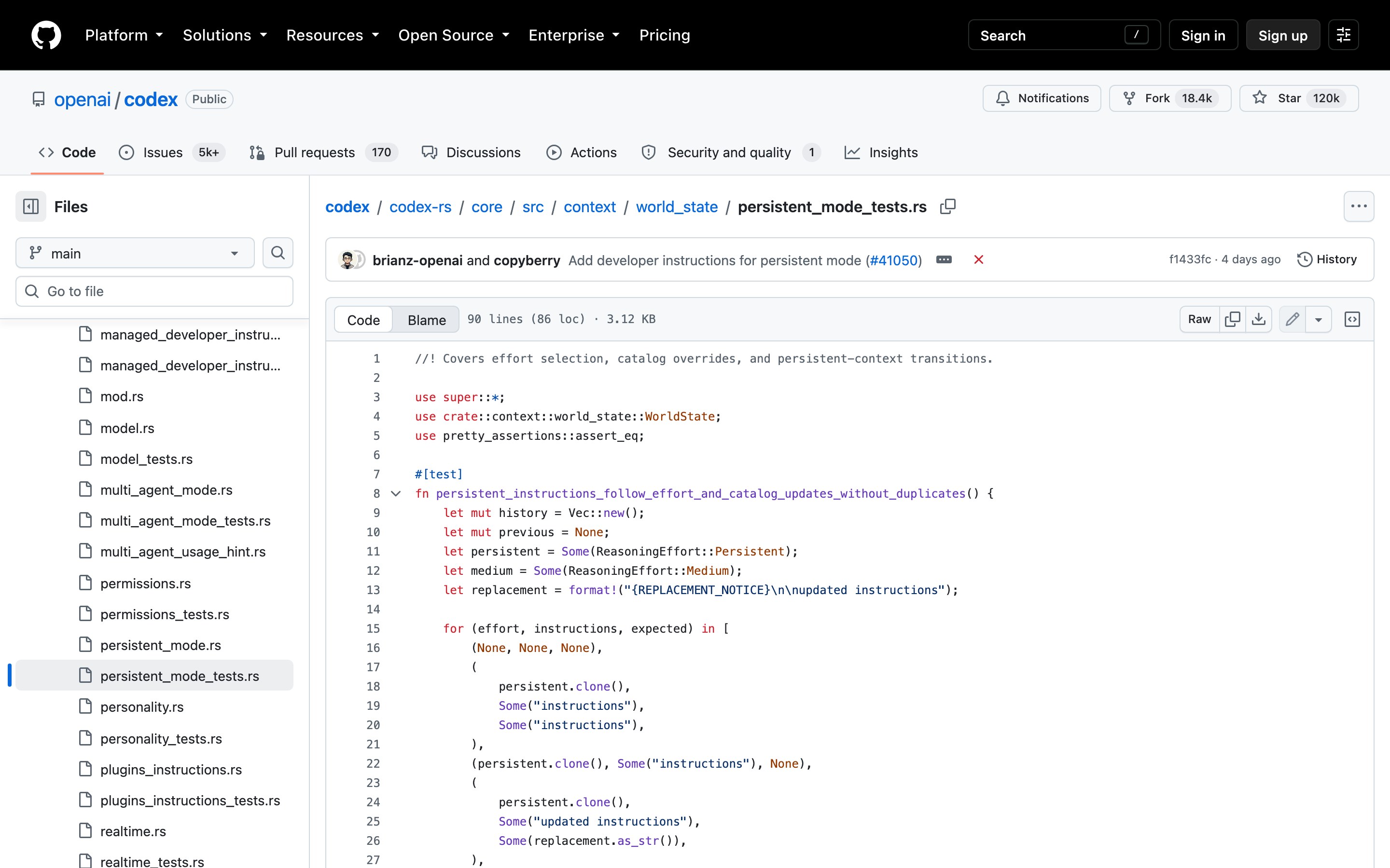 Файл проверок persistent_mode_tests.rs в коде Codex: 90 строк, тест обновления инструкций без повторов