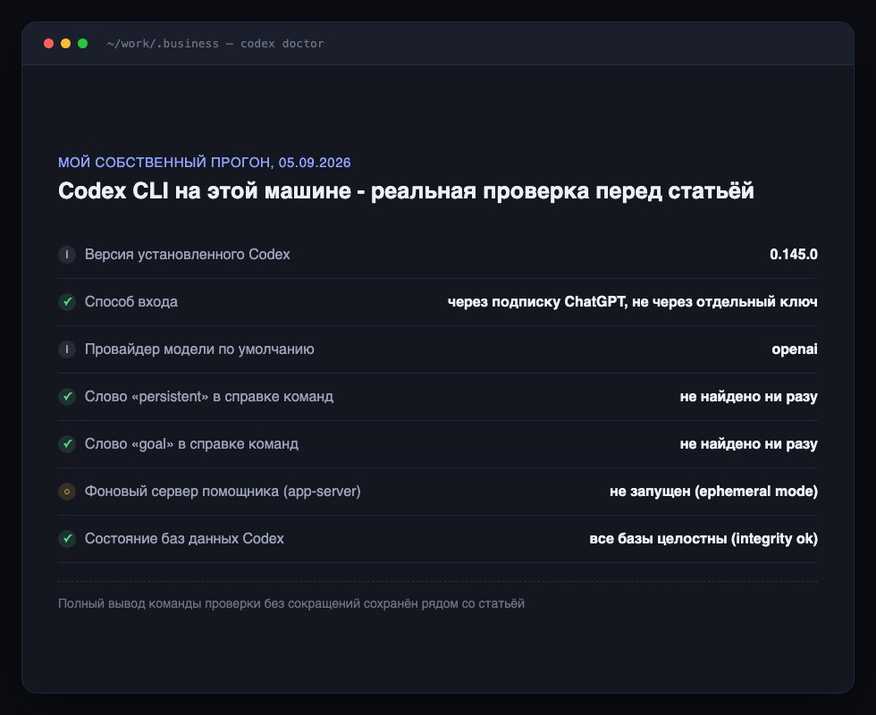 Панель с результатами моего собственного прогона проверки Codex - версия, способ входа, отсутствие persistent mode