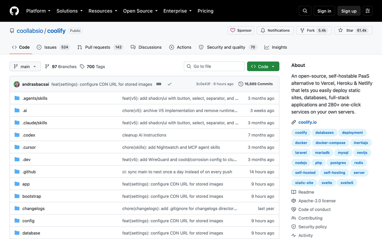 Публичная страница проекта Coolify на GitHub с 61,4 тысячи звёзд и лицензией Apache-2.0