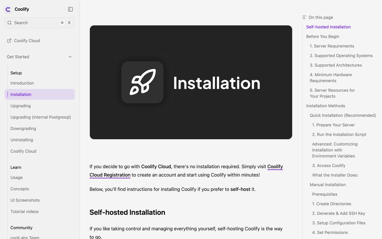 Официальная страница документации установки Coolify с командой curl и разделом Quick Installation
