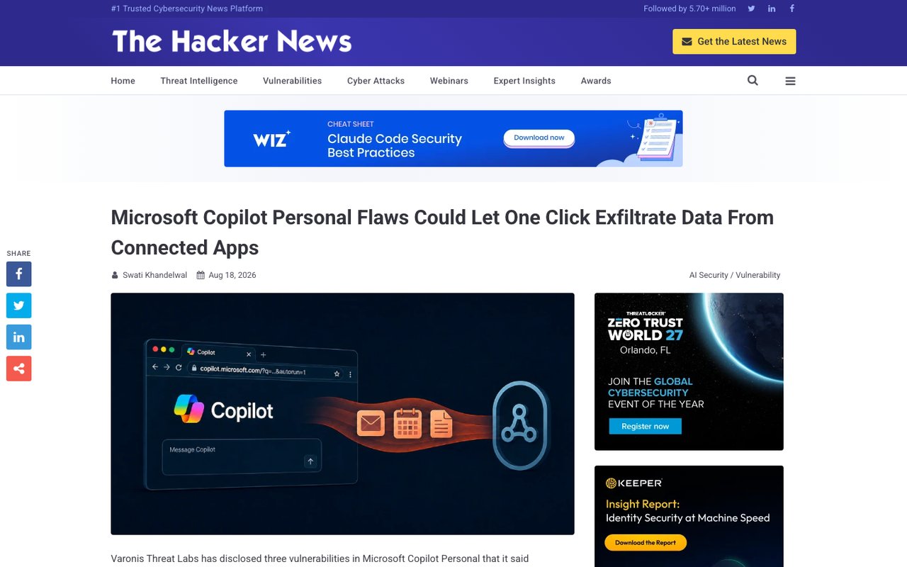 TheHackerNews, независимый разбор уязвимостей Copilot Personal под именем CoSnitch