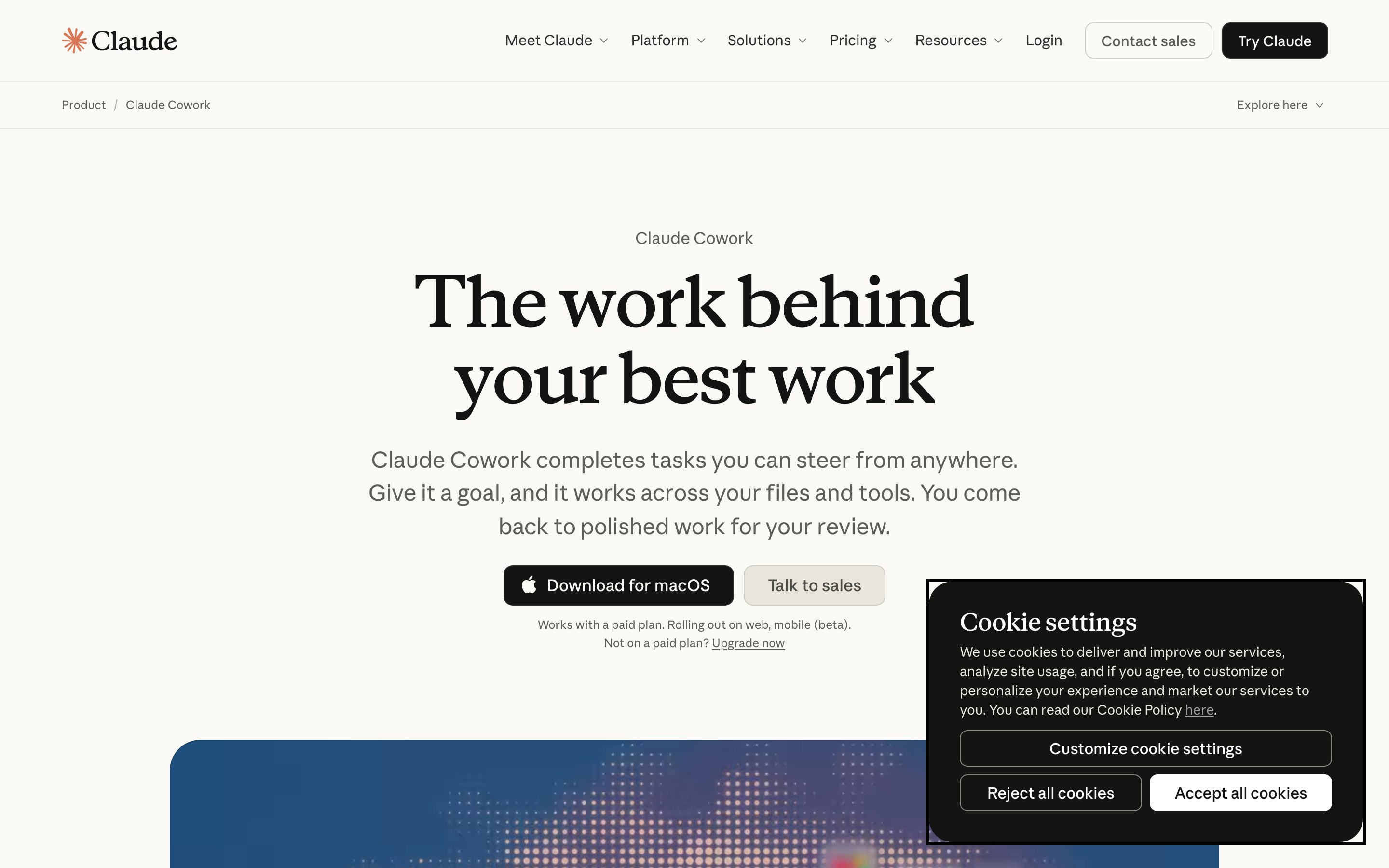 Официальная страница Claude Cowork у Anthropic: заголовок The work behind your best work и кнопка Download for macOS