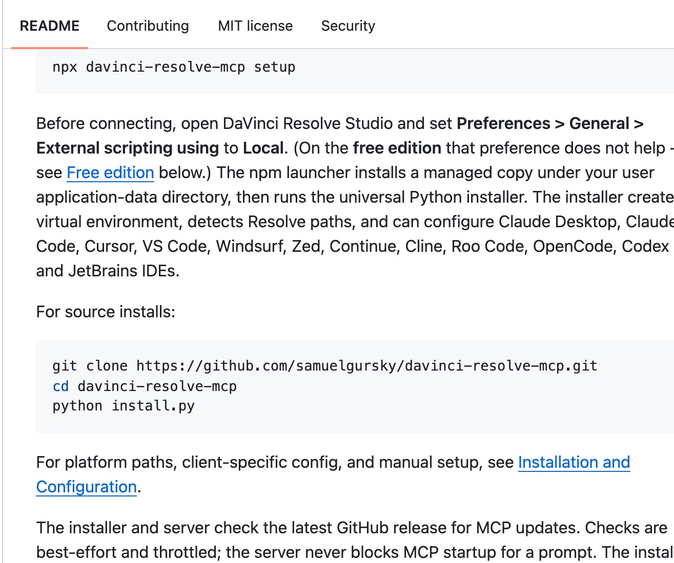 Раздел Quick Start открытого MCP davinci-resolve-mcp на GitHub: команда npx davinci-resolve-mcp setup и настройка Local