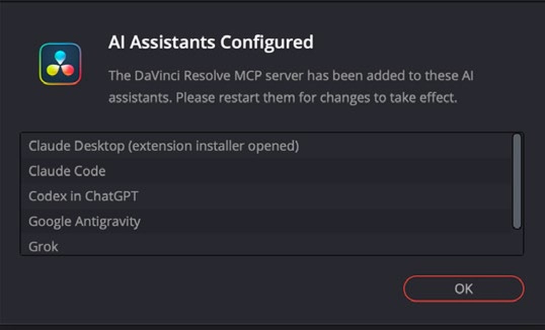 Окно со списком ассистентов в Resolve Studio 21.1: MCP добавлен в Claude Code, Codex in ChatGPT и Claude Desktop