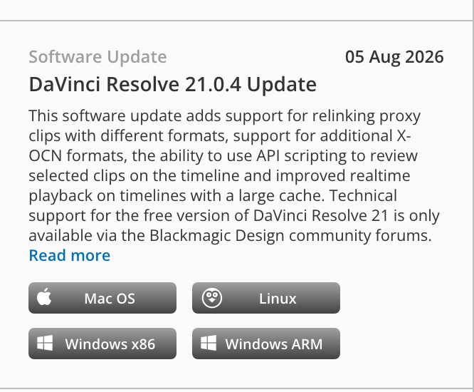 Карточка DaVinci Resolve 21.0.4 Update в Support Center Blackmagic с кнопками Mac OS, Linux и Windows