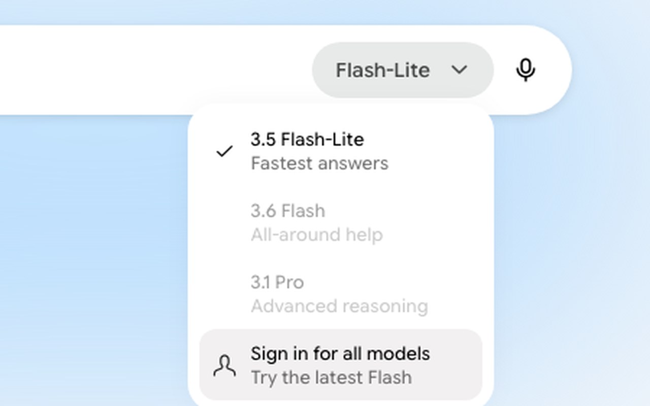 Список моделей Gemini до входа в аккаунт: доступна Flash-Lite, Flash и Pro заблокированы