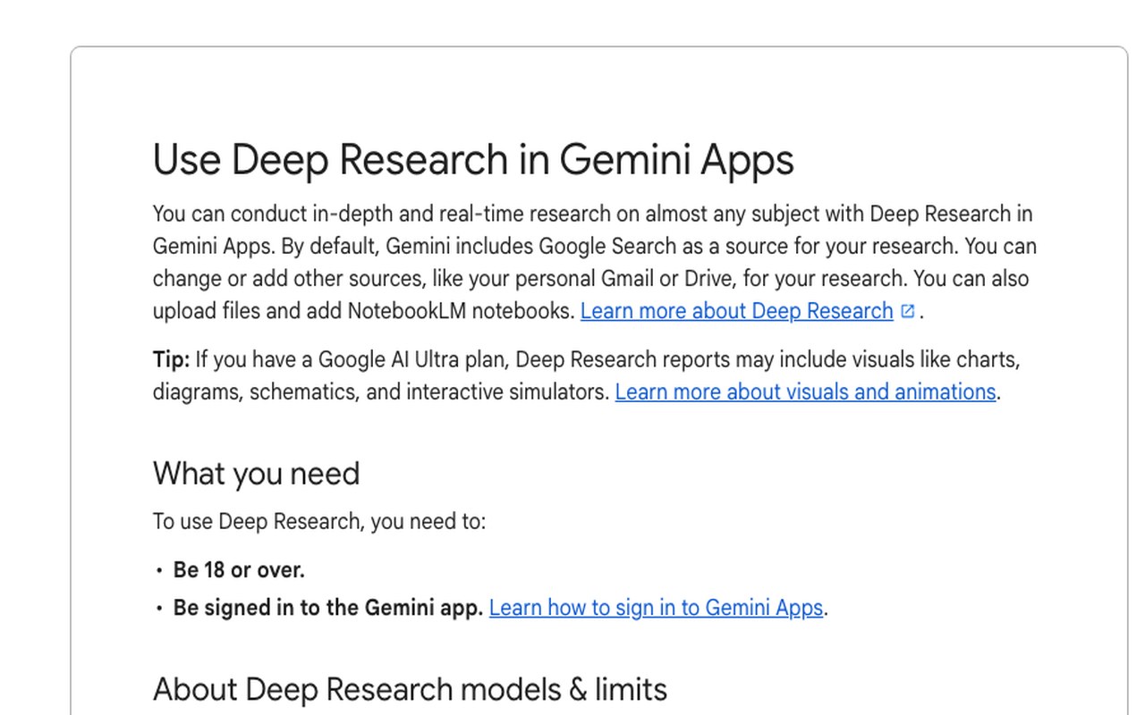 Официальная справка Google: требования 18+ и вход в аккаунт для Deep Research в Gemini Apps
