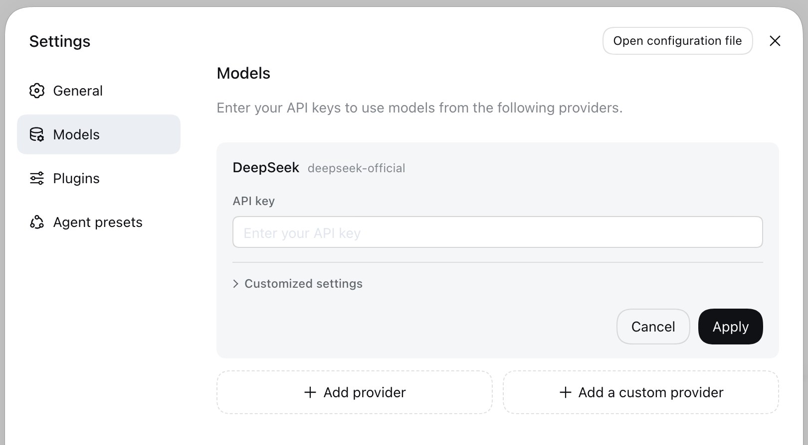 Страница Models в настройках DeepSeek Harness с карточкой официального провайдера и кнопками добавления своего