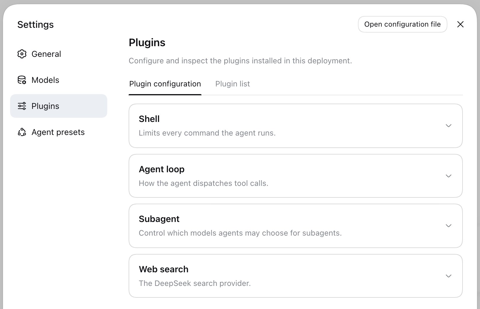 Раздел Plugins в DeepSeek Harness: четыре карточки настроек, среди них Agent loop и Subagent