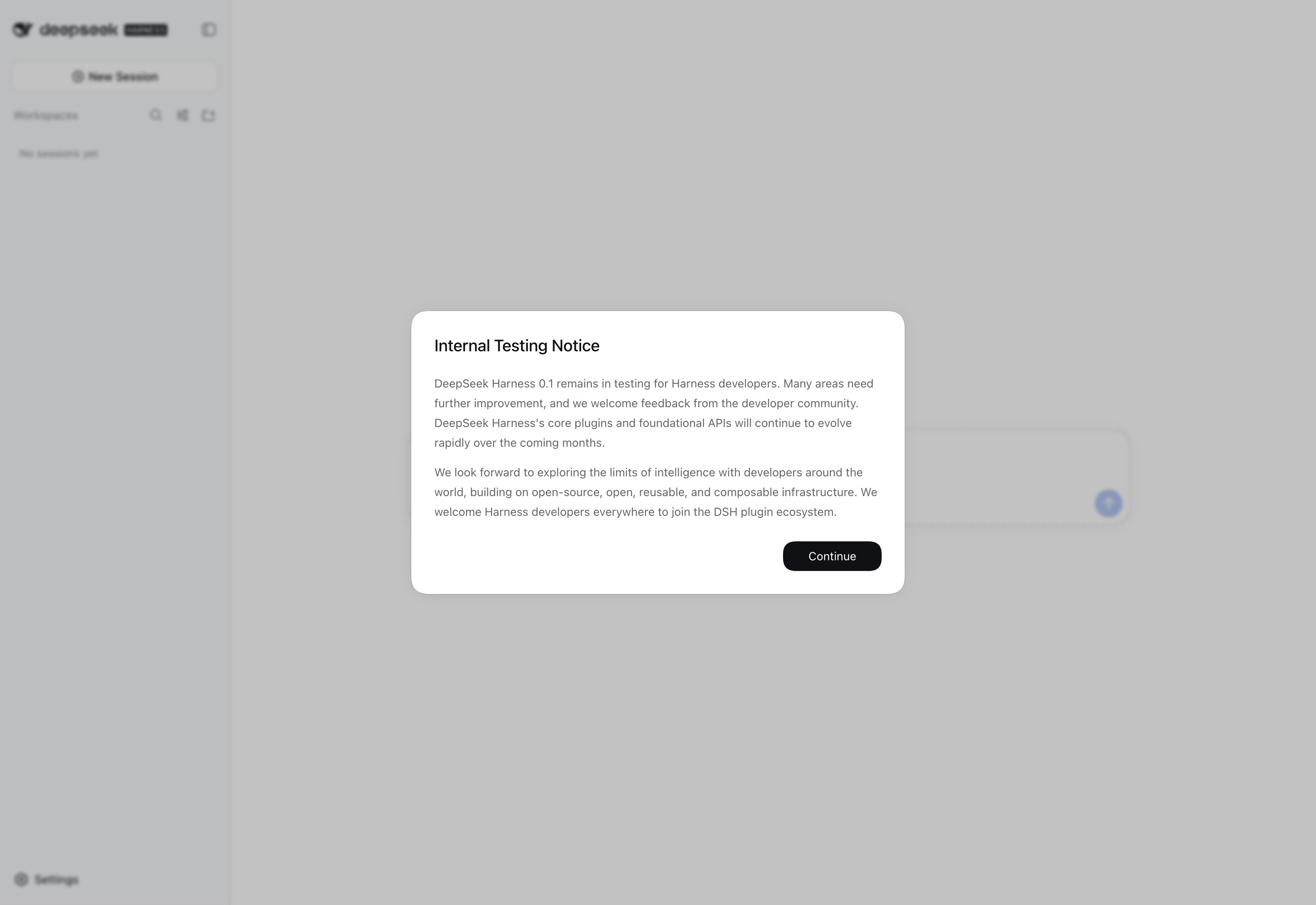 Рабочий стол DeepSeek Harness в браузере с окном Internal Testing Notice про версию 0.1 в тестировании