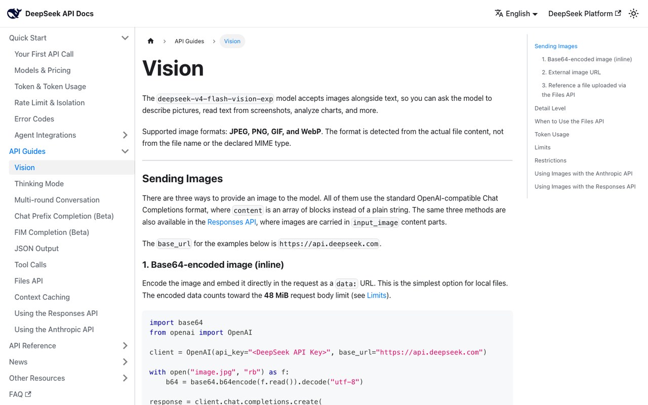 Официальная документация DeepSeek API Vision - модель deepseek-v4-flash-vision-exp принимает изображения вместе с текстом