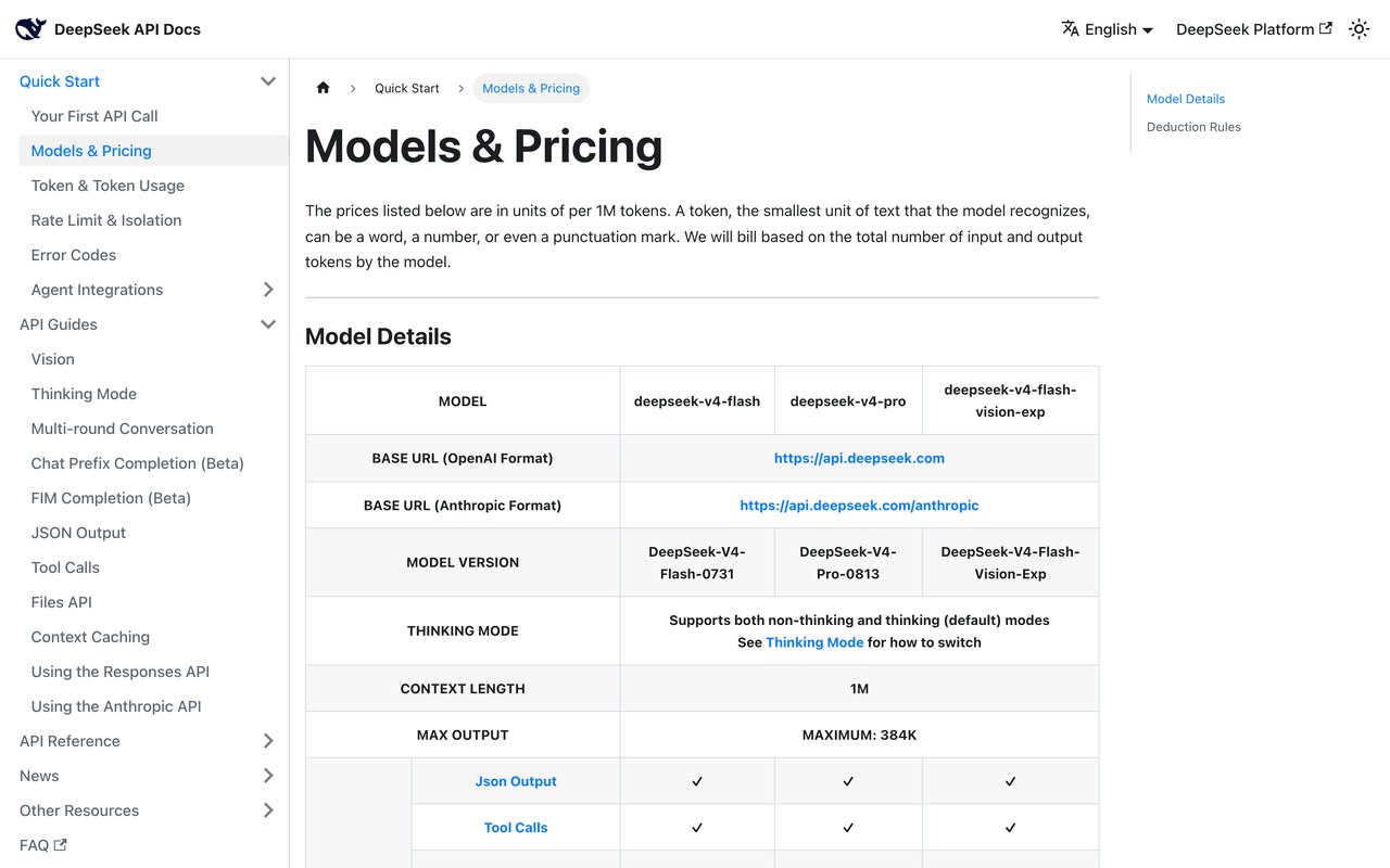 Официальная страница «Models & Pricing» документации DeepSeek с таблицей моделей и версий