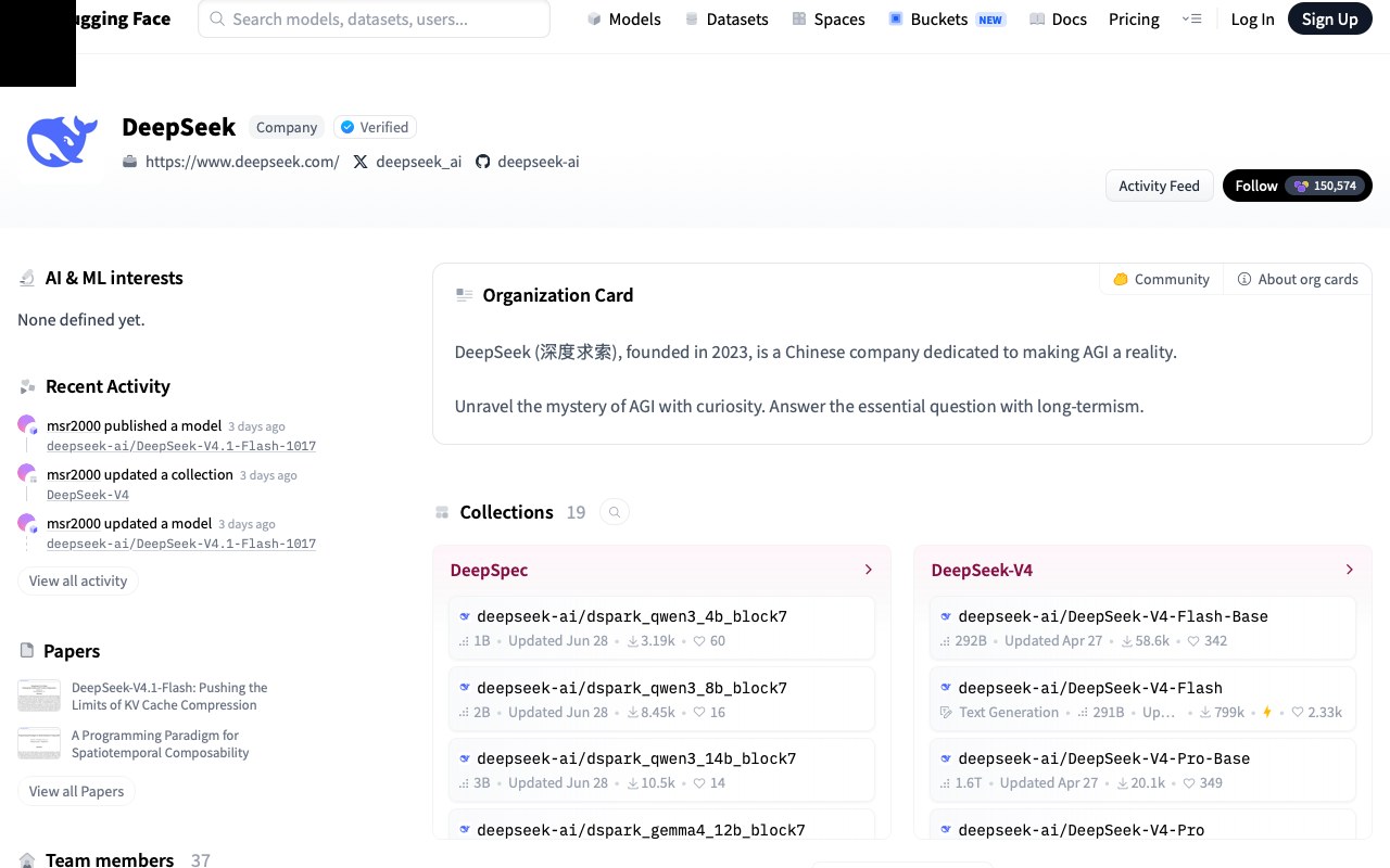 Hugging Face, профиль DeepSeek: коллекция DeepSeek-V4, модели V4-Flash на 291B и V4-Pro, счётчики загрузок