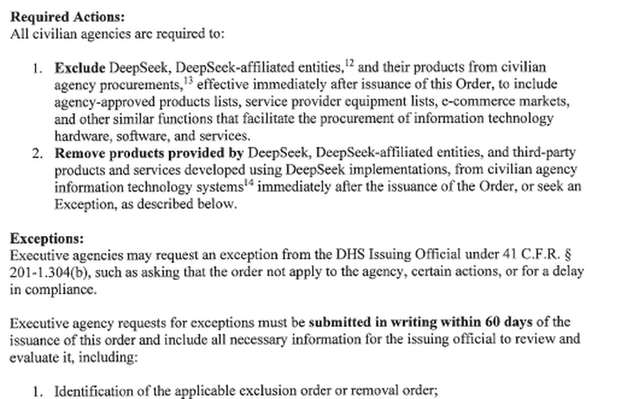 Раздел Required Actions приказа DHS: убрать DeepSeek из закупок и систем, исключения письменно за 60 дней