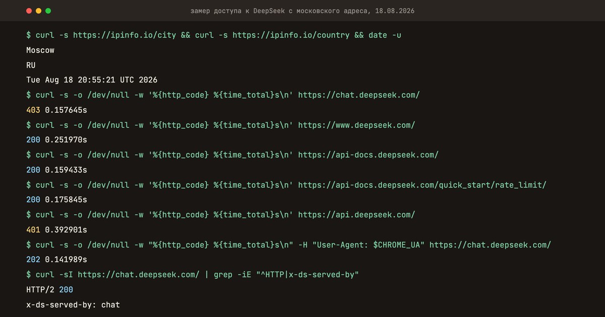Окно терминала с замером доступа 18.08.2026: chat.deepseek.com 403, с браузерным User-Agent 202, сайт и документация 200