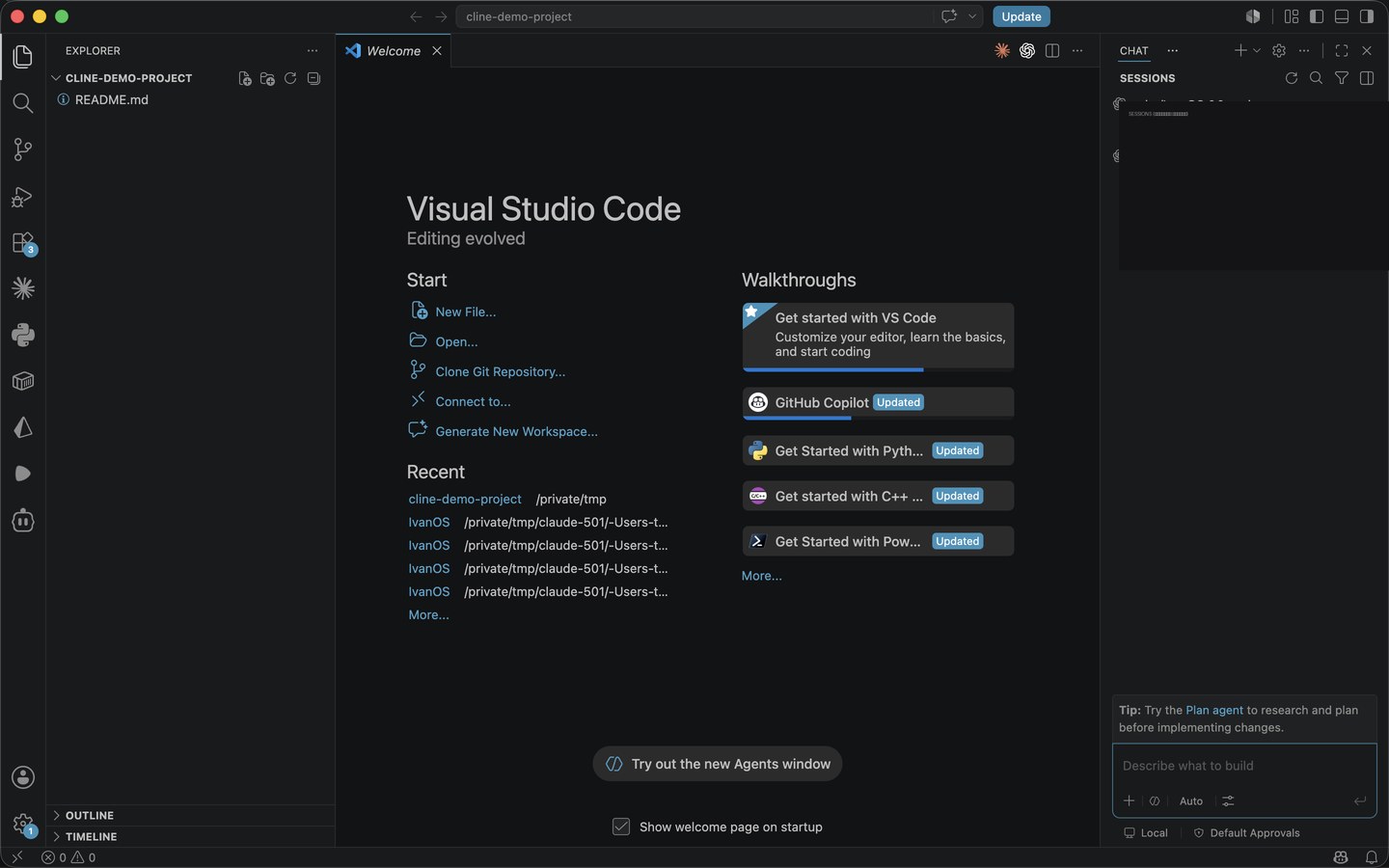VS Code с установленным расширением Cline: панель CHAT, поле ввода задачи, переключатели Local и Default Approvals