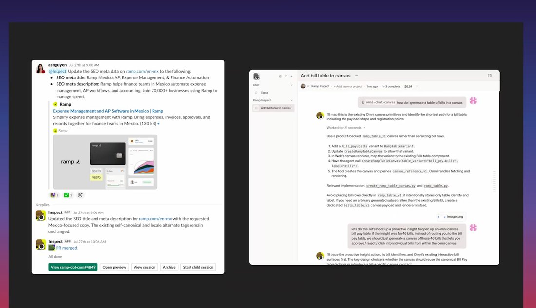 Демо агента Inspect из доклада: в Slack просят обновить SEO-описание страницы, агент отвечает и пишет PR merged