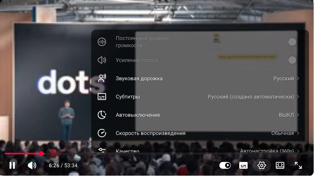 Меню плеера YouTube на русском: Звуковая дорожка Русский, Субтитры Русский (создано автоматически)