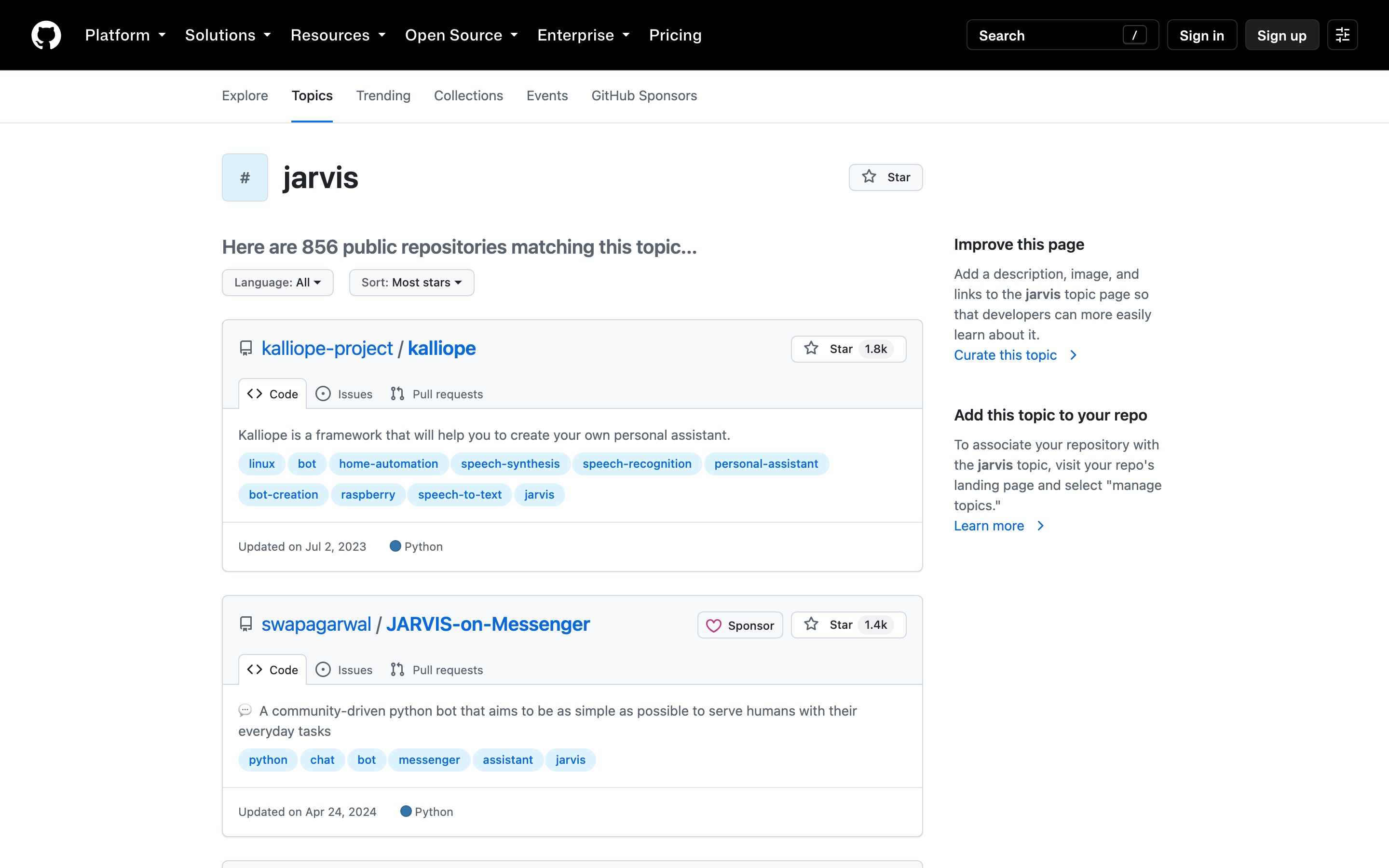 Раздел GitHub с меткой jarvis: строка про 856 открытых проектов и первые карточки со счётчиком отметок