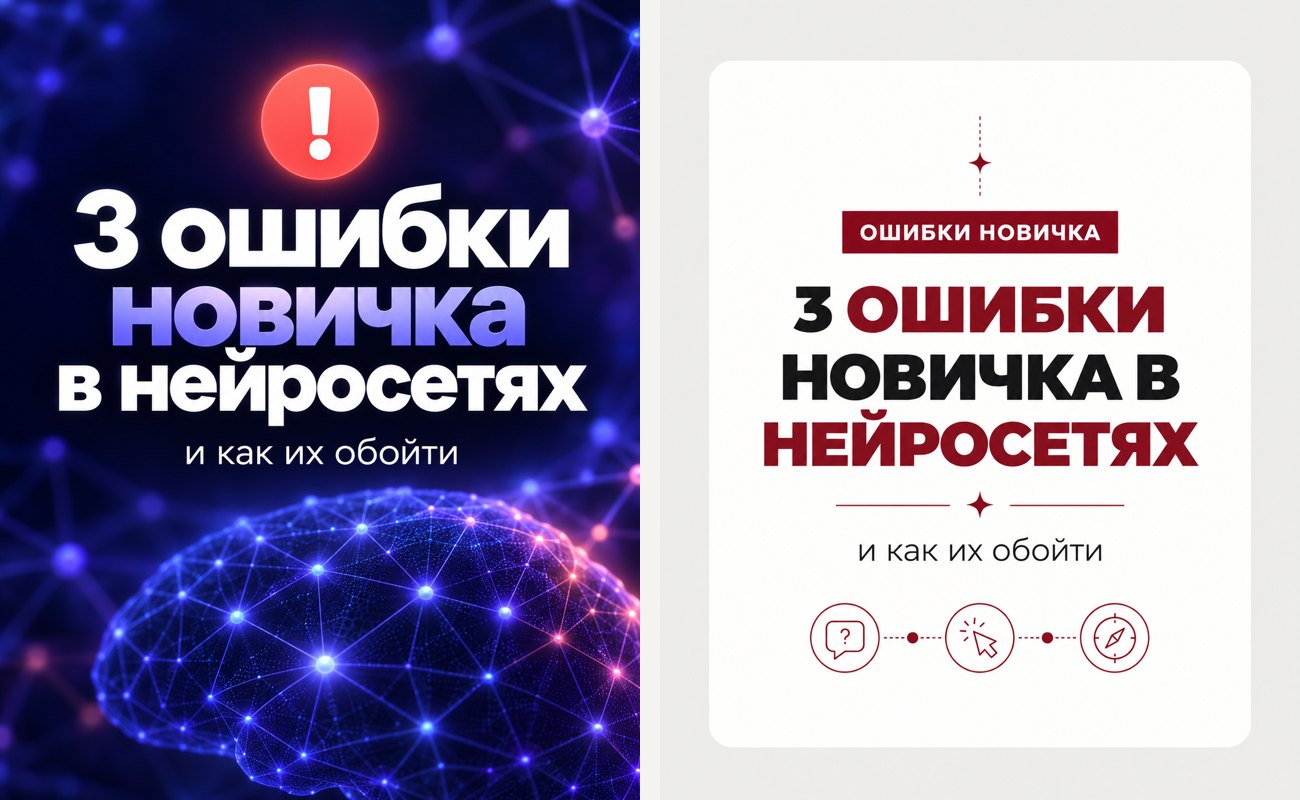 Слева обложка по голой фразе: тёмно-синий фон и светящийся мозг; справа та же обложка по шаблону в светлой палитре
