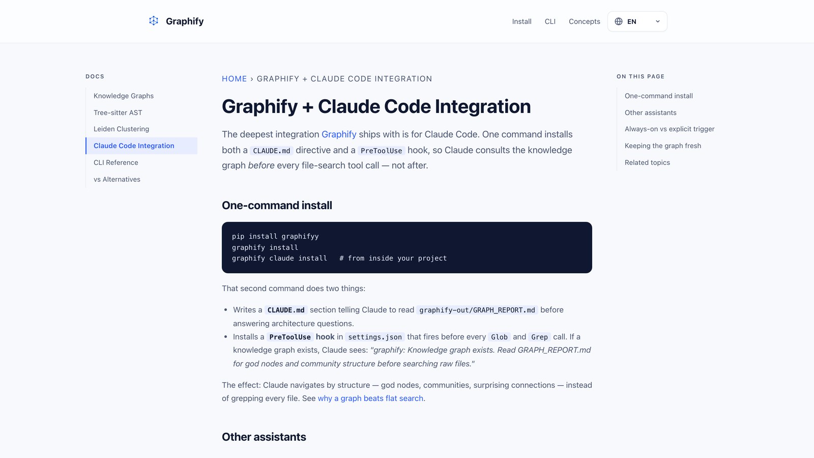 Раздел «One-command install» у Graphify: три строки установки и правило, которое срабатывает перед поиском по файлам