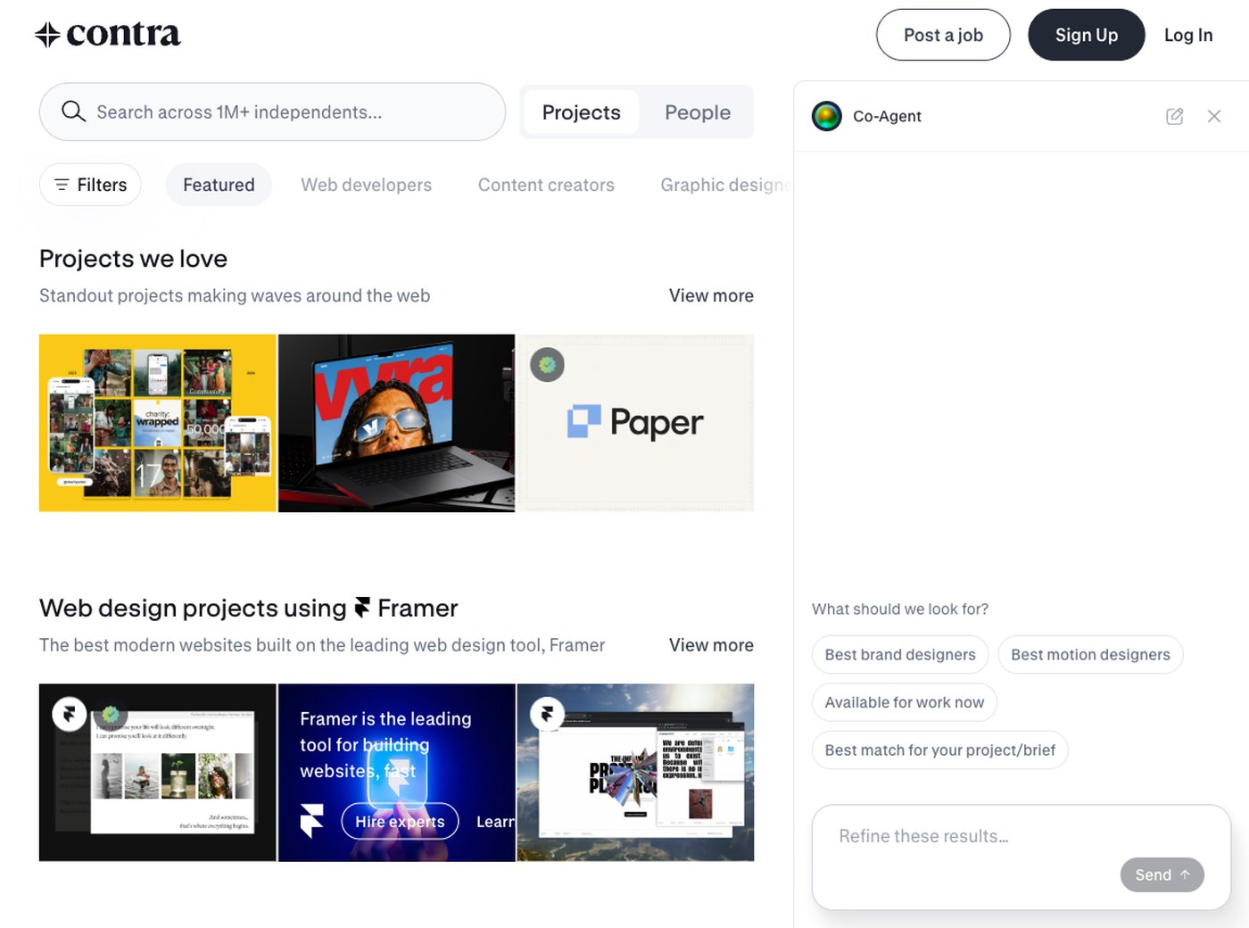 Раздел Discover на Contra: карточки проектов "Projects we love", поиск по 1M+ специалистов