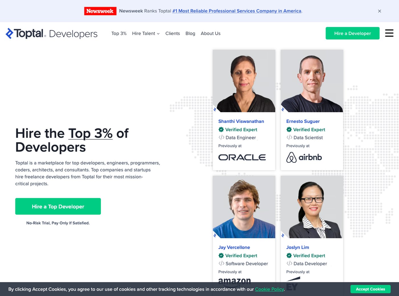 Каталог разработчиков Toptal: карточки профилей с пометкой Verified Expert и прошлым местом работы - Oracle, Airbnb, Amazon