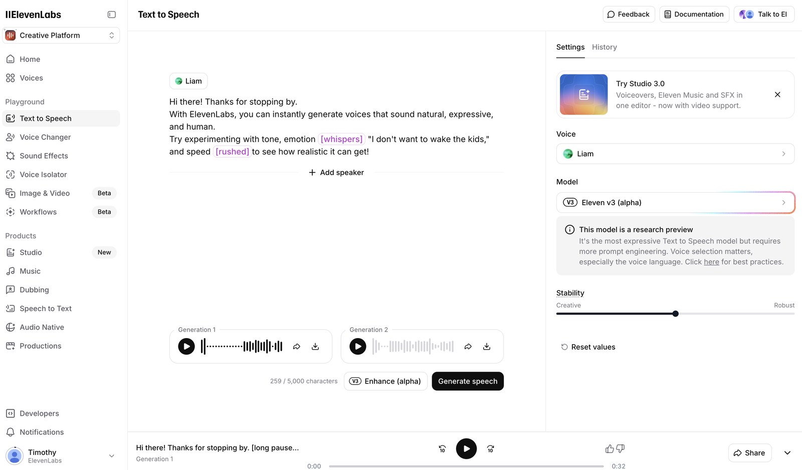 Интерфейс озвучки ElevenLabs: текст с тегами эмоций и две готовые звуковые дорожки с плеером