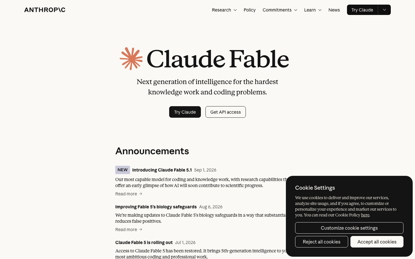 Официальная карточка модели Claude Fable на сайте Anthropic с ценами и характеристиками