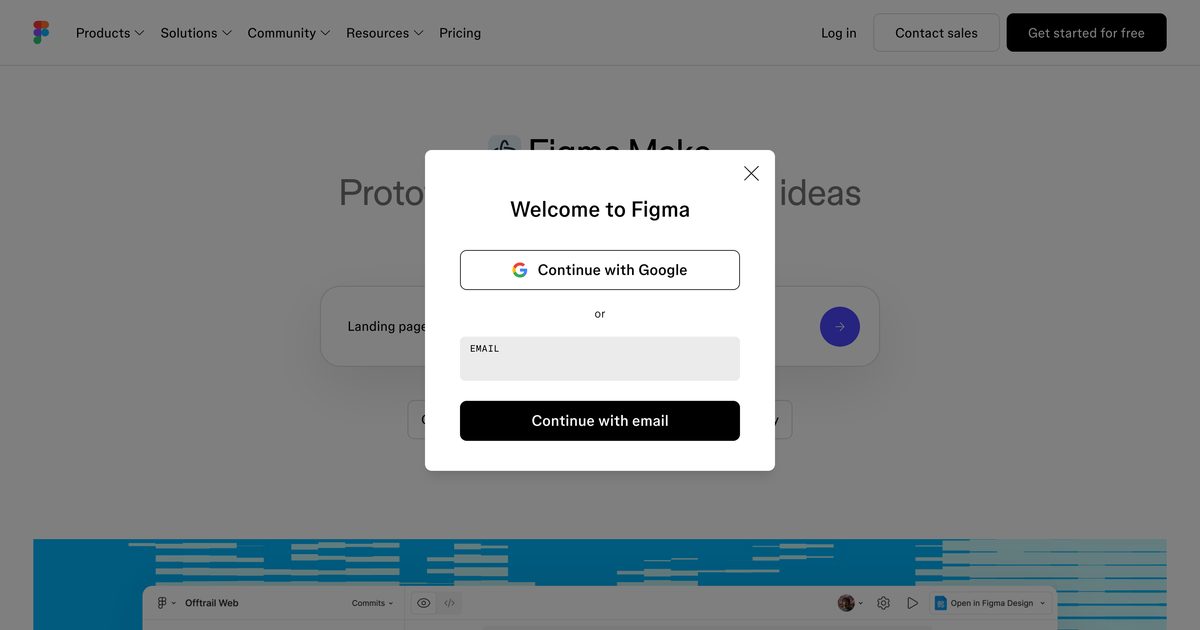 Страница Figma Make с окном Welcome to Figma поверх: кнопки Continue with Google и Continue with email, поле EMAIL