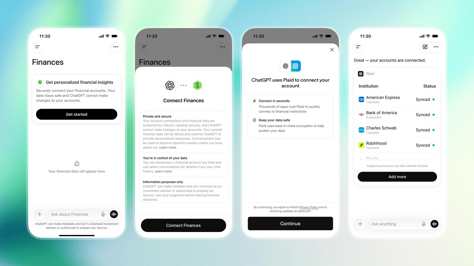 Экраны ChatGPT: подключение банковских счетов через Plaid и предупреждение, что модель не финансовый советник