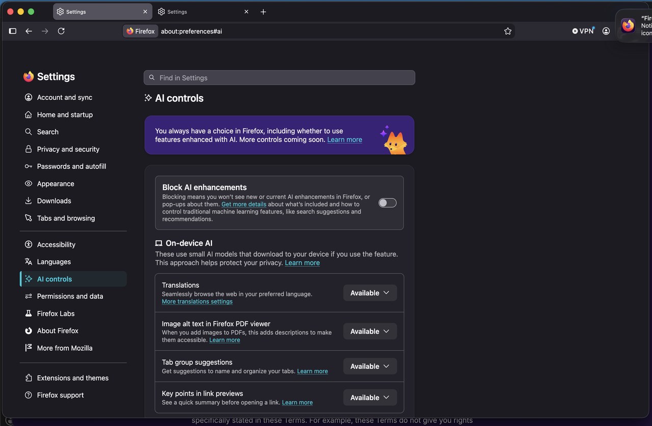 Раздел AI controls в настройках Firefox 155.0.1: список On-device AI функций без пункта Smart Window