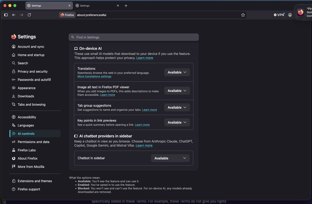 Конец списка AI controls в Firefox 155.0.1 с блоком AI chatbot providers in sidebar
