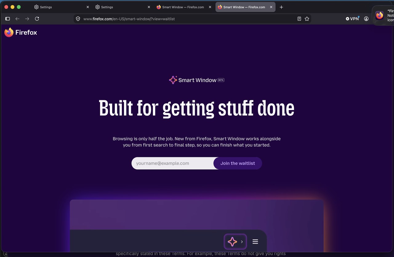 Официальная страница Smart Window на firefox.com с автоматическим переходом на форму Join the waitlist