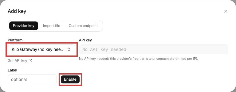Окно Add key в дашборде FreeLLMAPI: выбран Kilo Gateway (no key needed), поле ключа серое, кнопка Enable
