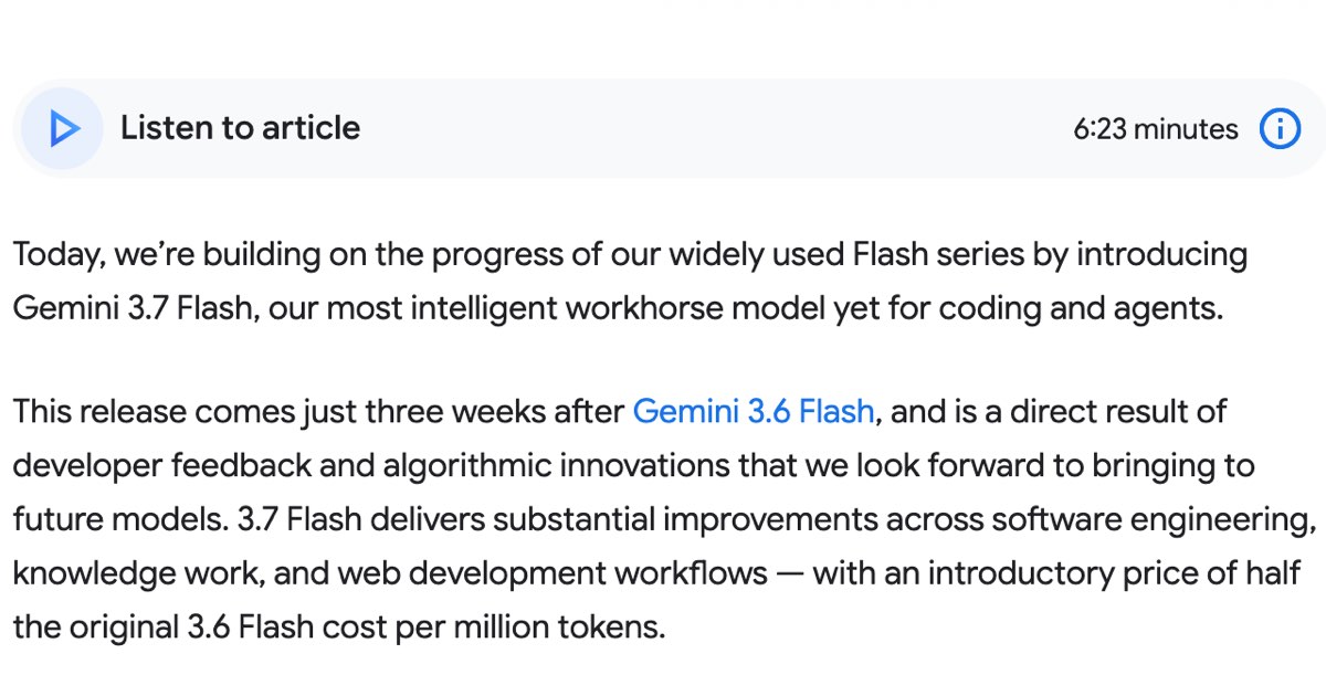 Официальный анонс Google на английском: первые два абзаца о выходе Gemini 3.7 Flash и о вводной цене