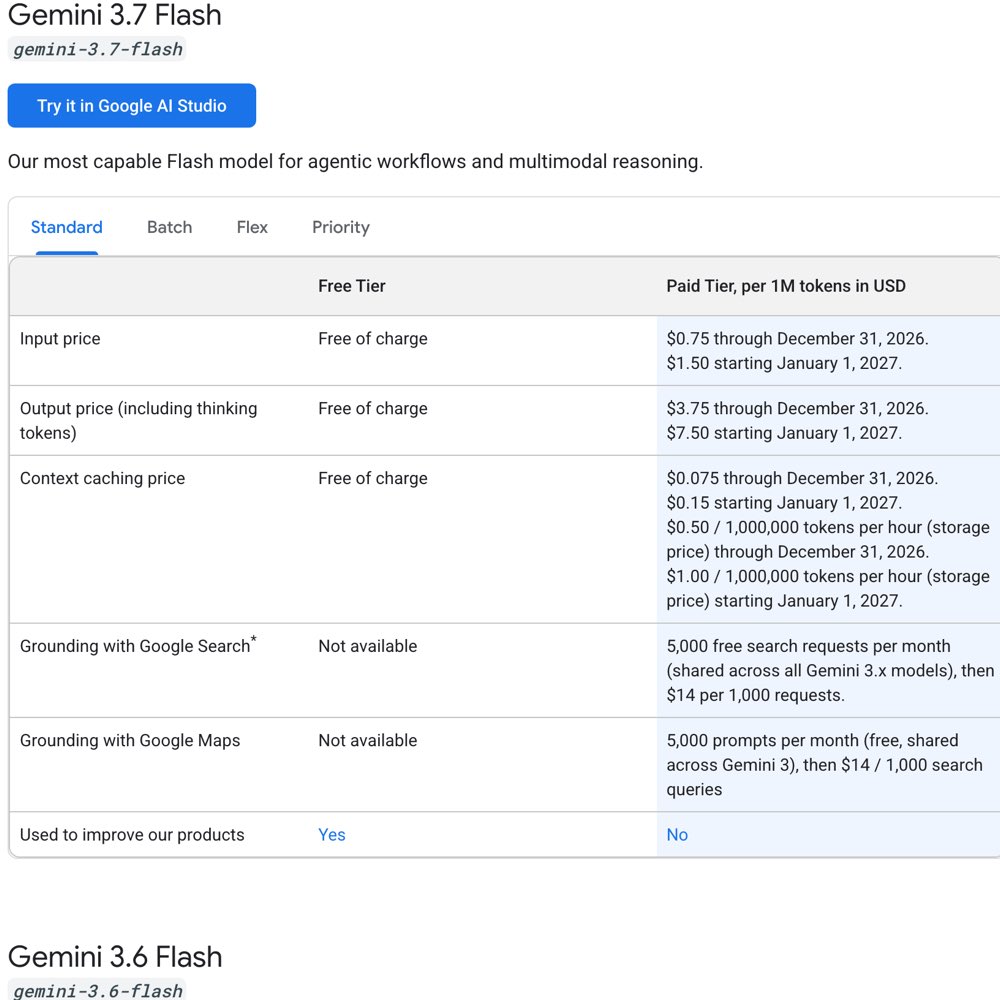 Таблица тарифов Gemini 3.7 Flash у Google: колонки Free Tier и Paid Tier с ценами и строкой Used to improve